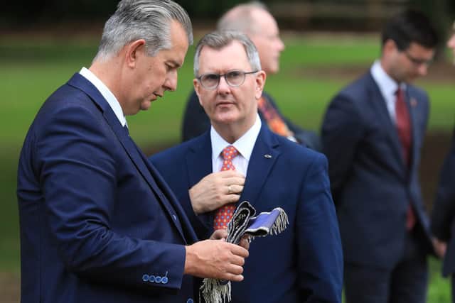 Newly elected DUP leader, Sir. Jeffrey Donaldson (right) in conversation with his predecessor of 21 days, Edwin Poots.