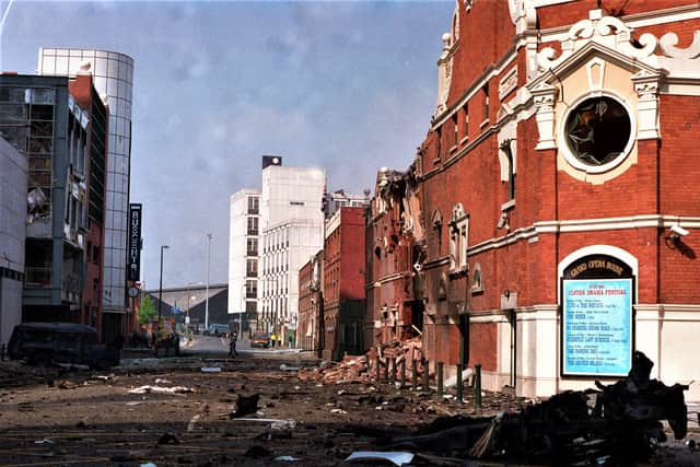 The aftermath of a May 1993 IRA bombing of Belfast's Opera House