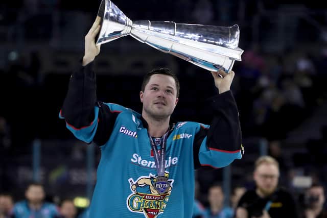 Belfast Giants' Darcy Murphy pictured with the Elite Ice Hockey League trophy in 2019, Pic by PressEye Ltd.