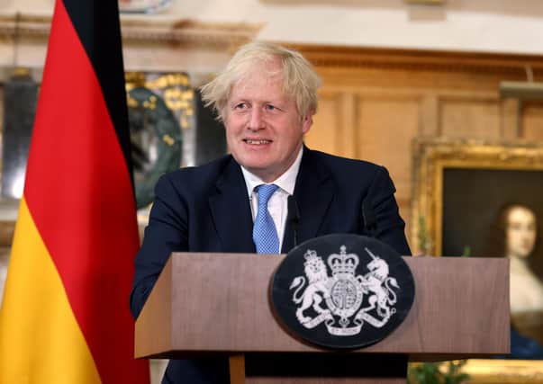 Prime Minister Boris Johnson during a press conference after with Chancellor of Germany, Angela Merkel meeting at Chequers, the country house of the Prime Minister of the United Kingdom, in Buckinghamshire, on Friday July 2, 2021