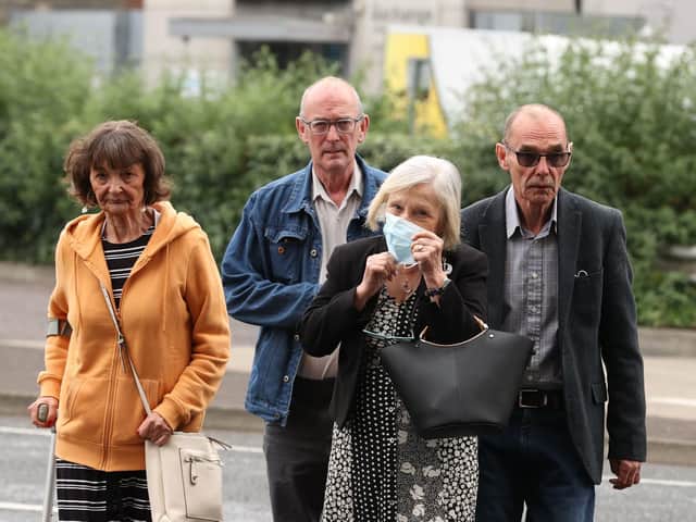 The family of James Wray who was killed in the Bloody Sunday shootings in Londonderry on January 30 1972, (left to right) Margaret Wray, unidentified man, Doreen and Liam, arrive at the City Hotel in Londonderry, for a meeting with the Public Prosecution Service.