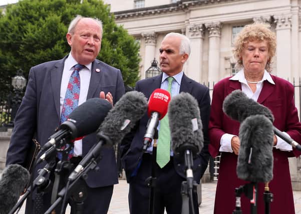 TUV leader Jim Allister, former Labour MP Baroness Hoey and former MEP Ben Habib outside Belfast high court after a judge ruled that the Irish Sea border is not unlawful. By Jonathan Porter/PressEye