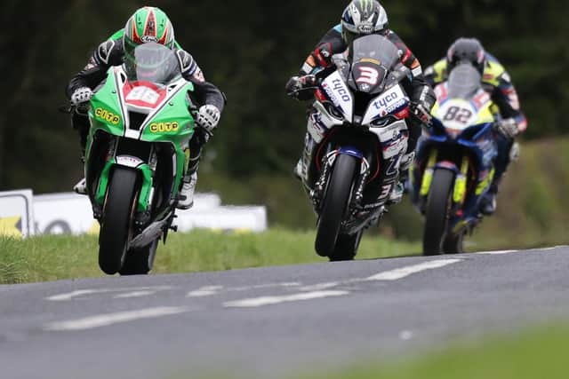 Derek McGee leads Michael Dunlop and Derek Sheils at the Armoy Road Races in 2019.
