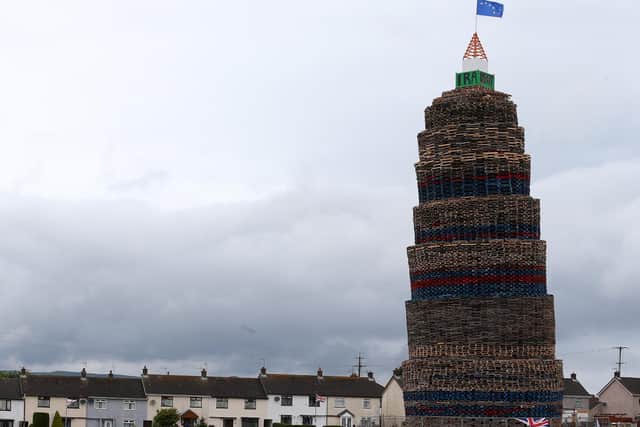 The Craigyhill bonfire in Larne pictured on Monday, July 5 in the Craigyhill housing estate.
Pic: Pacemaker