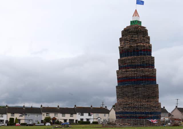 The Craigyhill bonfire in Larne pictured on Monday, July 5 in the Craigyhill housing estate.Pic: Pacemaker