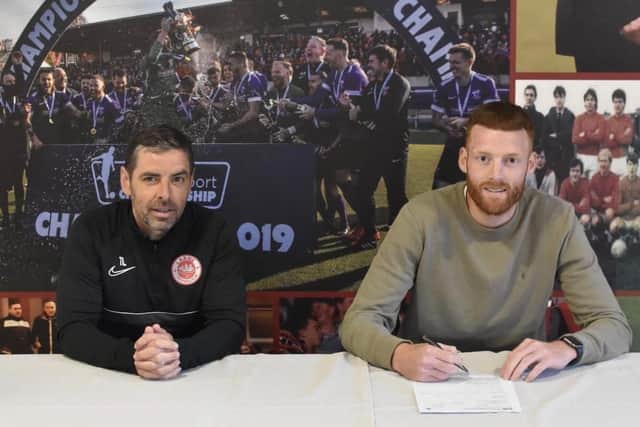 Tiernan Lynch with new signing Cian Bolger. PICTURE: Larne FC
