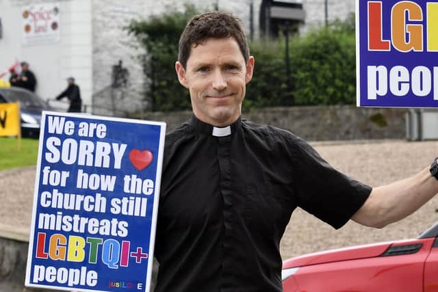 Rev Andrew Rawding, Church of Ireland rector for Coalisland & Stewartstown, travelled to Derry to support the Foyle Pride parade, which was met with a protest from by religious group at the Duke Street Roundabout. DER3519-113KM