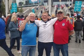 Davy Guiseley, Glenn Stewart and Kenny McCleary outside Wembley ahead of the England vs Germany last 16 game at Euro 2020