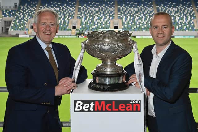 Paul McLean (BetMcLean) and Steven Mills (NI Football League) at the announcement of the
extension of BetMcLean’s sponsorship of the League Cup for a further three seasons.