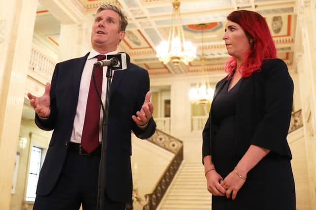 Labour Party leader Sir Keir Starmer with shadow Northern Ireland secretary Louise Haigh at the Parliament Buildings at Stormont during a visit to Belfast. Picture date: Thursday July 8, 2021. PA Photo. See PA story ULSTER Starmer. Photo credit should read: Peter Morrison/PA Wire