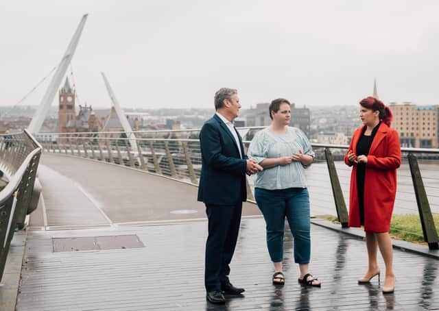 Sir Keir Starmer and Labour’s Shadow Secretary of State Louise Haigh with Sara Canning, partner of the murdered journalist Lyra McKee, in Londonderry
