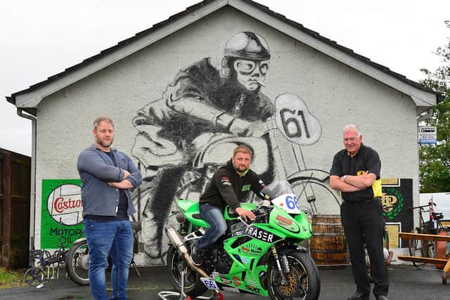 Pictured with Bill Kennedy MBE, Clerk of the Course, is Davey Chambers of Brap Moto and road racer Alan Johnston.