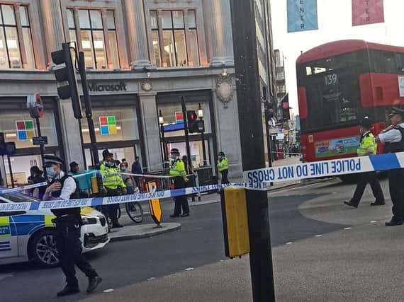 Picture taken with permission from the twitter feed of @okubax following an incident at Oxford Circus, central London, where a 60-year-old man died after being stabbed on Thursday. Issue date: Friday July 2, 2021.