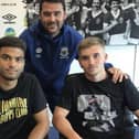 Linfield boss David Healy with new signings Ahmed Salam and Billy Chadwick. Picture courtesy of Linfield FC