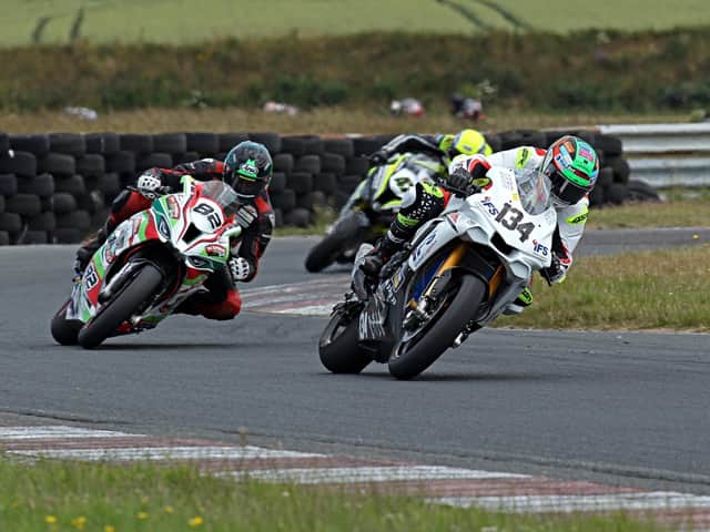 Alastair Seeley (IFS Yamaha) leads Derek Sheils (Roadhouse Macau BMW) at Kirkistown on Saturday in the Superbike class. Picture: Pacemaker Press.