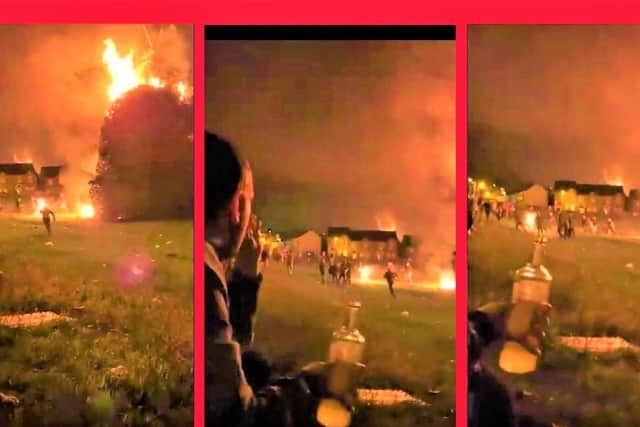 Frames from the video show bystanders shouting 'drop and roll'