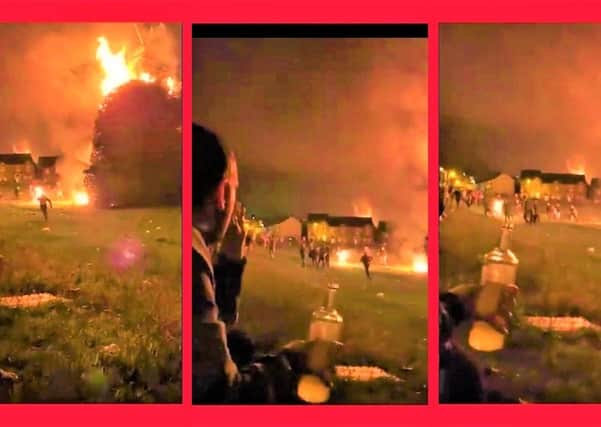 Frames from the video show bystanders shouting 'drop and roll'