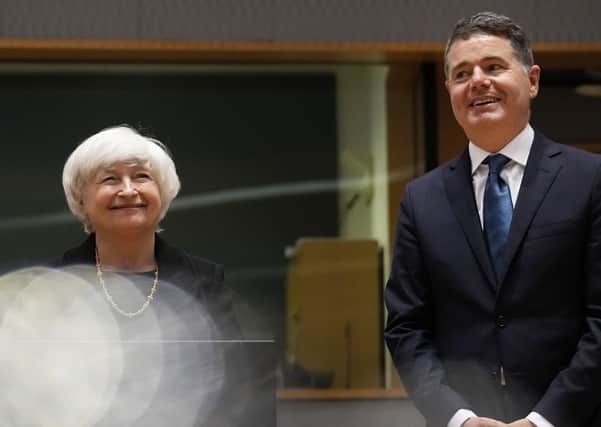 U.S. Treasury Secretary Janet Yellen, left, and Ireland's Finance Minister Paschal Donohoe pose prior to a meeting of the eurogroup finance ministers at the European Council building in Brussels on Monday, July 12, 2021. (AP Photo/Virginia Mayo)