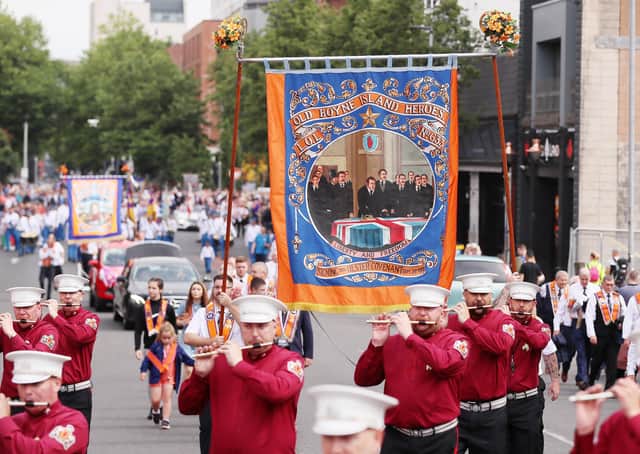 The parade in Shaftesbury Square, Belfast on Monday. Some nationalists look down their nose at our culture but nationalism has nothing to match the musical talent of the bands and artistic skill on the banners