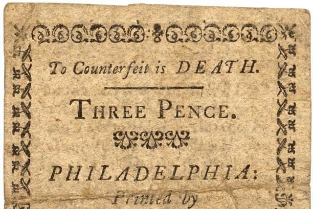 Three Pence Note, printed by John Dunlap, Philadelphia, 1777