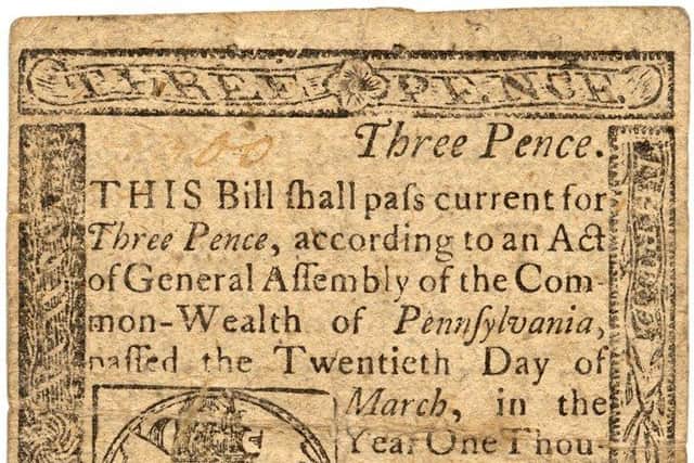 Reverse Face of Three Pence Note, printed by John Dunlap, Philadelphia, 1777