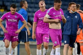 Coleraine players dejected after Europa Conference League defeat in Lurgan to FK Velez Mostar. Pic by PressEye Ltd.