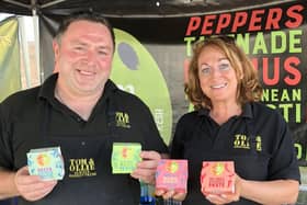 Shay Mullan and Tracey O’Boyle of Tom and Ollie – a leader in fresh Mediterranean foods handcrafted in Dunmurry – with some of the Oi Mezze packaged range for Henderson Wholesale stores across Northern Ireland