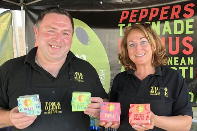 Shay Mullan and Tracey O’Boyle of Tom and Ollie – a leader in fresh Mediterranean foods handcrafted in Dunmurry – with some of the Oi Mezze packaged range for Henderson Wholesale stores across Northern Ireland