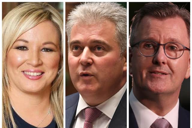Deputy First Minister and vice-president of Sinn Fein, Michelle O'Neill, Secretary of State for Northern Ireland, Brandon Lewis, MP and DUP leader and Lagan Valley MP, Sir. Jeffrey Donaldson.