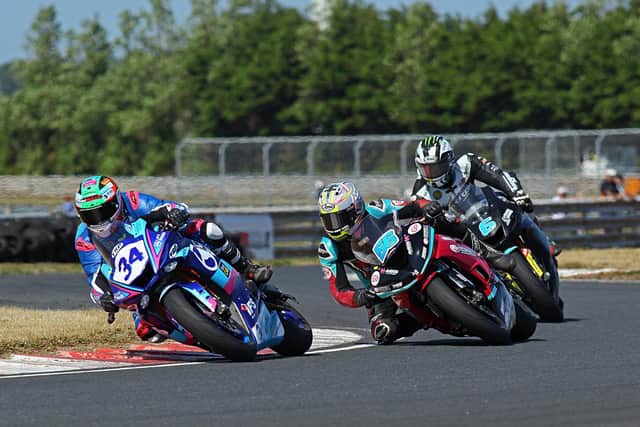 Alastair Seeley (Yamaha) leads Adam McLean (Kawasaki) and Michael Dunlop (Yamaha) in the Supersport race at Bishopscourt in Co Down on Saturday. Picture: Rod Neill/Pacemaker Press.