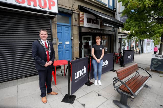 Visiting Unch on Portadown High Street, Lord Mayor Alderman Glenn Barr is pictured with café owner Joanne Gillespie