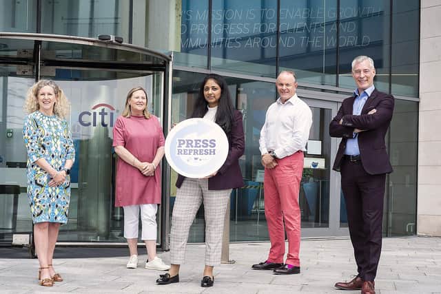 Press Refresh graduate Indhu Vishnu Das, alongside Louise Warde Hunter, Principal and Chief Executive at Belfast Metropolitan College, Roseann Kelly, Chief Executive at Women in Business, Leigh Meyer, Managing Director at Citi and Graeme Wilkinson, Director of Skills in the Department for the Economy