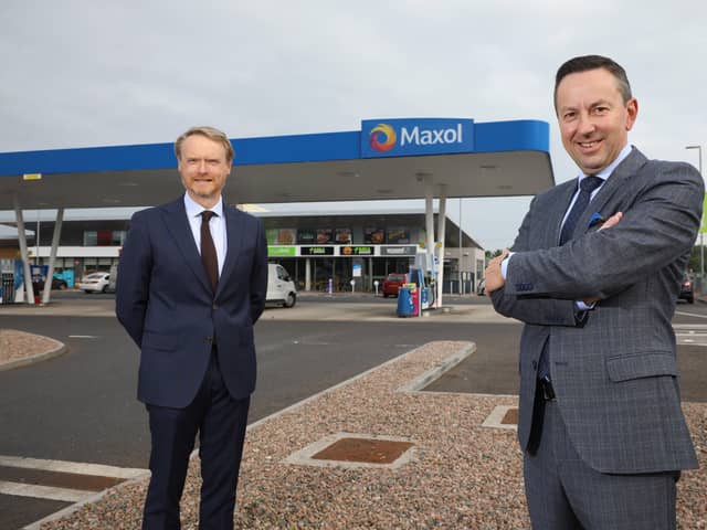 Kevin Paterson Maxol Retail Manager NI and Brian Donaldson, CEO of The Maxol Group at the newly refurbished A26 Tannaghmore Service Station in Antrim