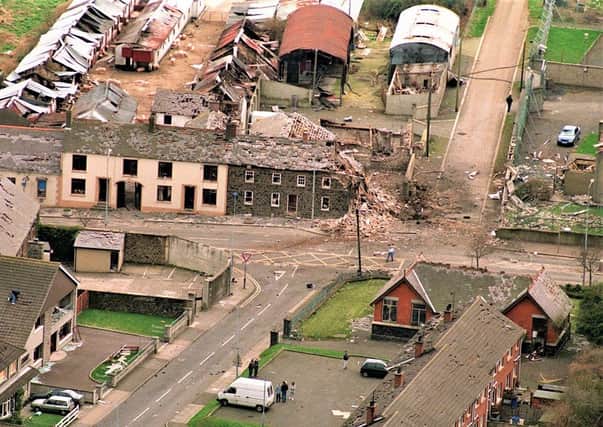 21/02/98 Aerial view of Moira village after a 500lb bomb expolded between the RUC station and some listed buildings