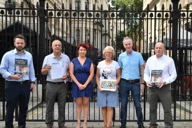 (left to right) SDLP leader Colum Eastwood, Raymond McCord, shadow Northern Ireland secretary Louise Haigh, Julie Hambleton, Joe Campbell Jnr and Billy McManus, join a delegation of families bereaved during the Northern Ireland Troubles, including in the Birmingham pub bombs, hand in a letter to No 10 Downing Street, London, expressing disgust at the statute of limitations proposal. Picture date: Tuesday July 20, 2021.