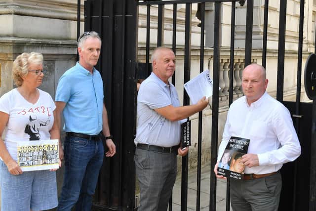 A delegation of families bereaved during the Northern Ireland Troubles(left to right) Julie Hambleton, Joe Campbell Jnr, Raymond McCord and Billy McManus, including in the Birmingham pub bombs, as they attempt unsuccesfully to hand in a letter to No 10 Downing Street, London, expressing disgust at the statute of limitations proposal.