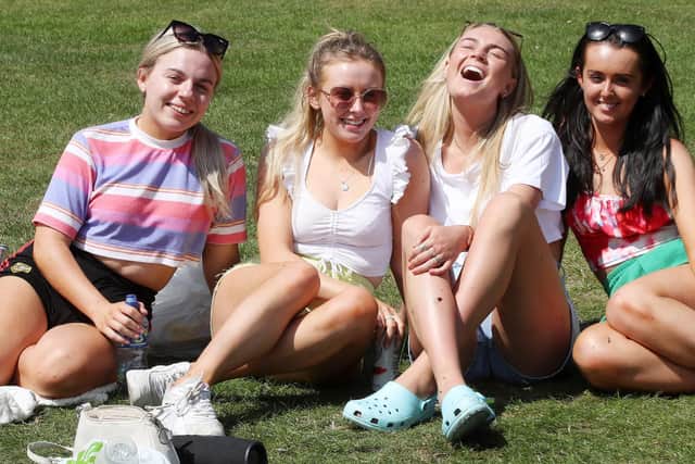 Pictured from left to right, Tara McVeigh from Castlewellan, Roisin Cranny from Newry, Olivia Todd from Burren and Dervila Mc Govern from Newry, enjoying the good weather in Botanic Gardens, Belfast. (Photo: Declan Roughan/Pacemaker)