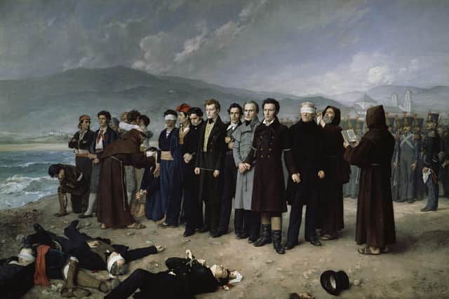 1888 painting of execution by firing squad. Robert Boyd (centre) hands roped, black neck tie, long coat
