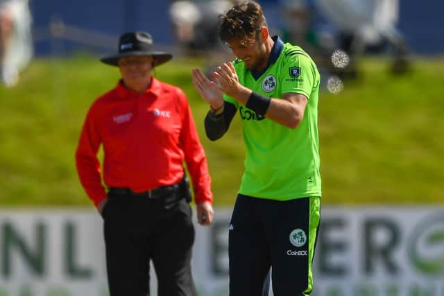 Mark Adair celebrates taking a wicket for Ireland in Malahide against South Africa. Pic courtesy of Cricket Ireland.