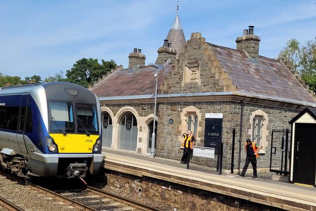 A Bangor bound train arrives at the old Helen's Bay train station in July 2021. Picture: Darryl Armitage