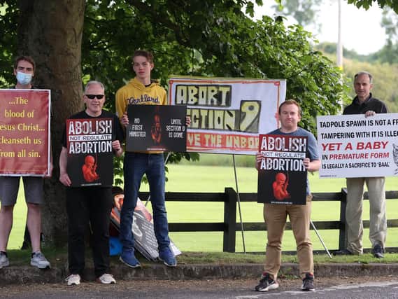 Pro Life activists from Abolish Abortion NI at the La Mon hotel, Belfast, as the ruling executive of the Democratic Unionist Party (DUP) gathered to ratify Sir Jeffrey Donaldson as the new party leader at the end of June.