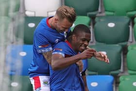 Christy Manzinga (right) put Linfield into a 2-0 lead over Borac Banja Luka in Belfast. Pic by Pacemaker