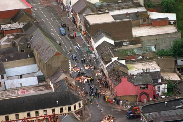 Ministry of Defence handout file photo dated 16/08/1998 showing the devastation caused in Omagh when a terrorist bomb was detonated at the junction of Market Street and Dublin Road, Omagh.