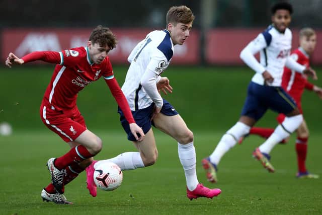 Conor Bradley in action for Liverpool U23s against Tottenham