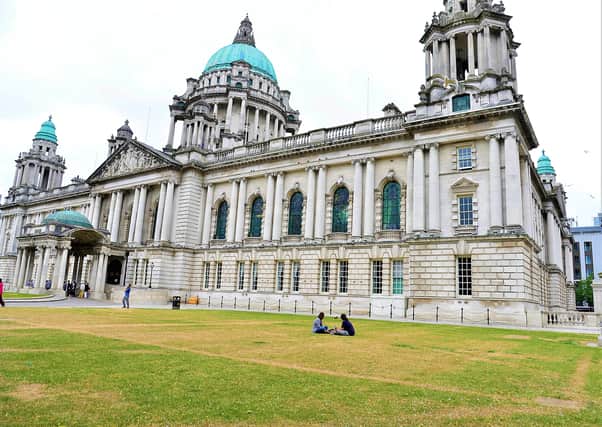 A near-deserted City Hall in Belfast on Monday, which had been filled with crowds on previous sunny days