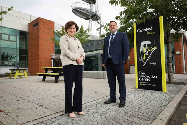 Pictured at the Catalyst Innovation Centre on Queen’s Island in Belfast are and Trudy Parry from Catalyst and Ian Edwards from EY