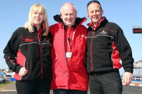 Former NW200 Event Operations Manager Fergus Mackay (right) with former Event Director Mervyn Whyte and Gillian Lloyd, NW200 Event Co-ordinator.