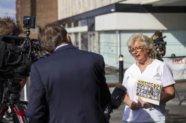 Julie Hambleton speaks to media outside the West Midlands Combined Authority offices in Birmingham, after the families of the 1974 Birmingham Pub bombings victims met with Home Secretary Priti Patel