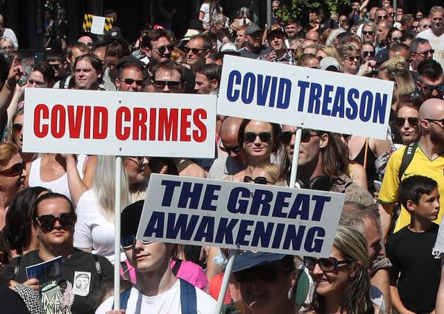 Some of the signs held aloft by demonstrators in Belfast decrying 'Covid treason'