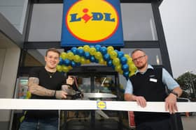 Eoghan Quigg. X Factor sensation and local celebrity and Niall Harrigan, Lidl Northern Ireland Buncrana Road Store Manager